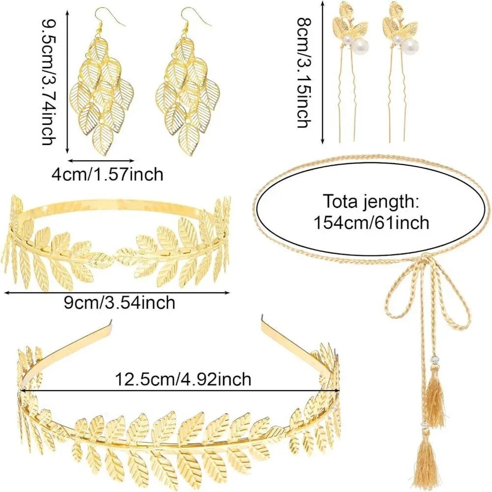 Greek Goddess Costume Jewelry Set Gold Laurel Leaf Crown Earrings Necklace
